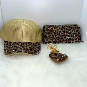 Rhinestone Leopard hat, wallet and key chain set